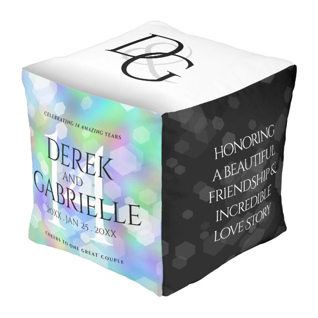 Elegant 14th Opal Wedding Anniversary Celebration Pouf (Angled Front)