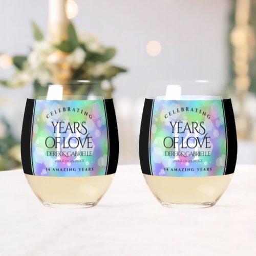 Elegant 14th Opal Wedding Anniversary Celebration Stemless Wine Glass