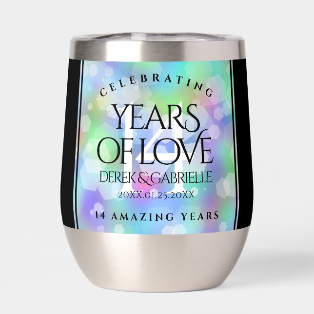 Elegant 14th Opal Wedding Anniversary Celebration Thermal Wine Tumbler (Back)