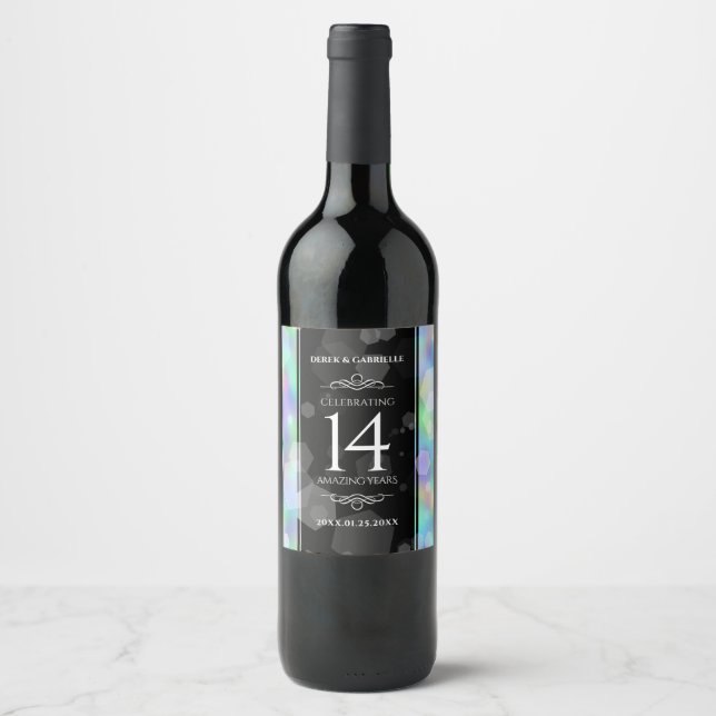 Elegant 14th Opal Wedding Anniversary Celebration Wine Label (Front)