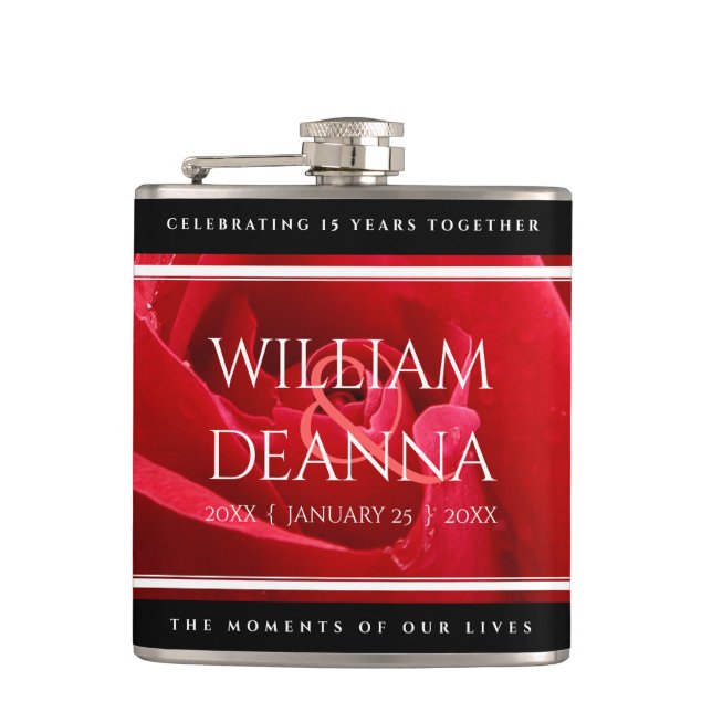 Elegant 15th 26th 36th Rose Wedding Anniversary Flask (Front)