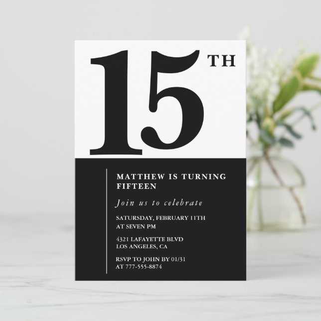Elegant 15th birthday invitation Black Chic Modern (Standing Front)