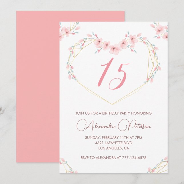 Elegant 15th birthday invitations Pink Floral  (Front/Back)