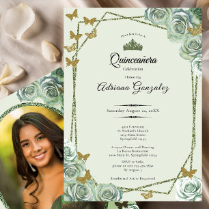 Elegant 15th birthday sage green gold Quinceanera Invitation