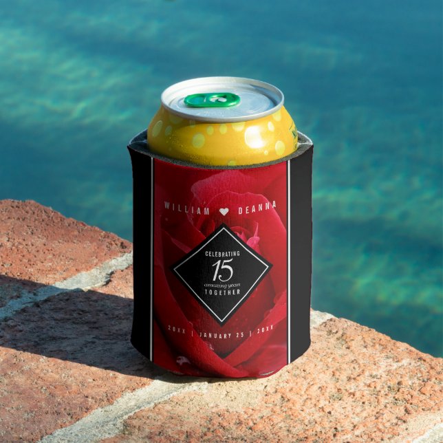 Elegant 15th Rose Wedding Anniversary Can Cooler (In Situ Pool)