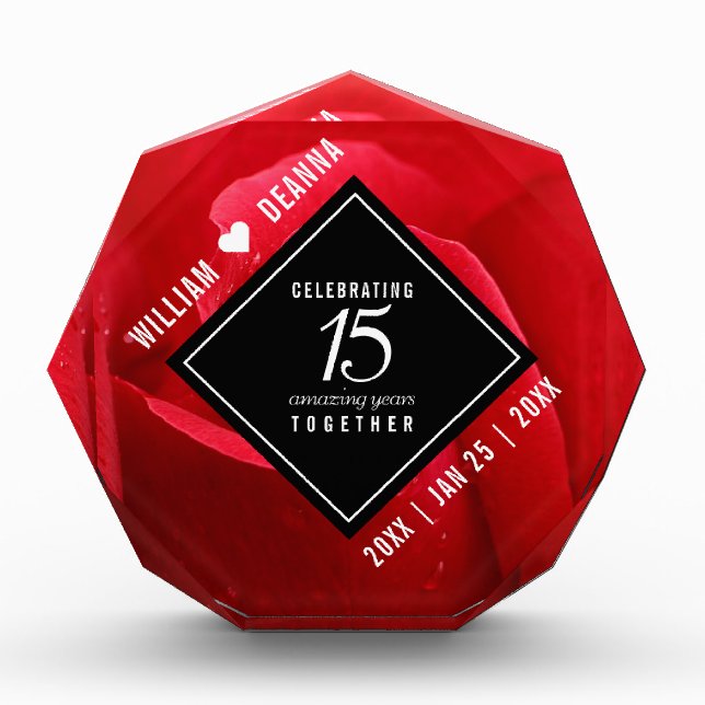 Elegant 15th Rose Wedding Anniversary Celebration Acrylic Award (Front)