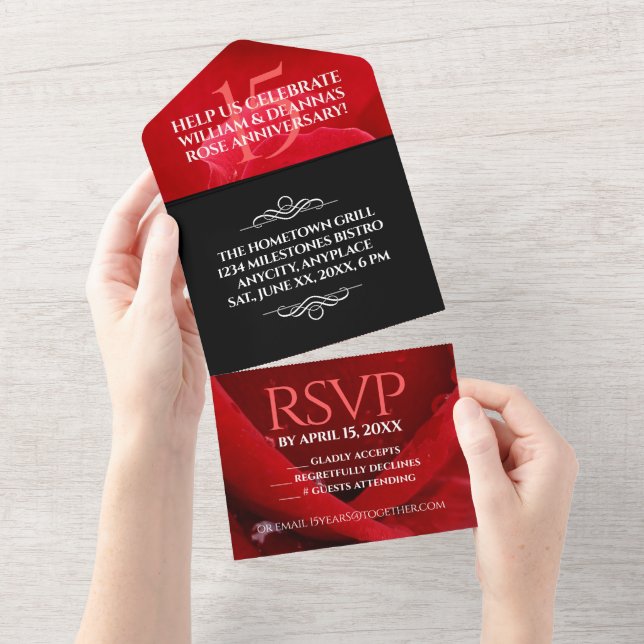 Elegant 15th Rose Wedding Anniversary Celebration All In One Invitation (Tearaway)