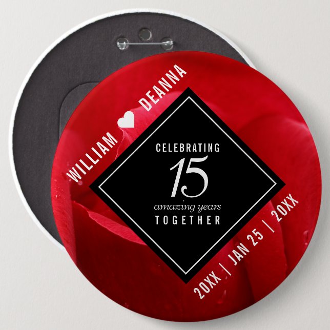 Elegant 15th Rose Wedding Anniversary Celebration Button (Front & Back)