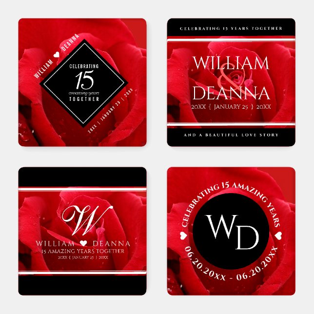 Elegant 15th Rose Wedding Anniversary Celebration Coaster Set (Set)