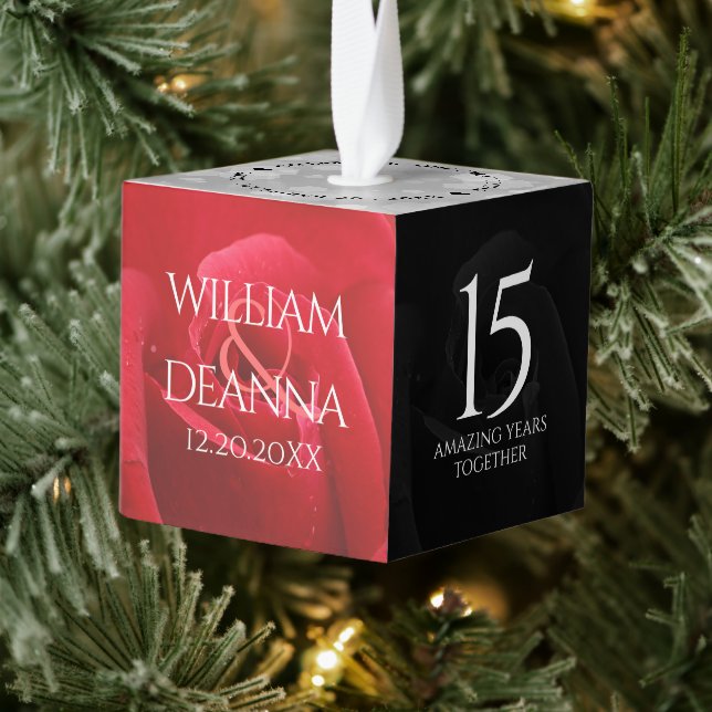 Elegant 15th Rose Wedding Anniversary Celebration Cube Ornament (Tree)