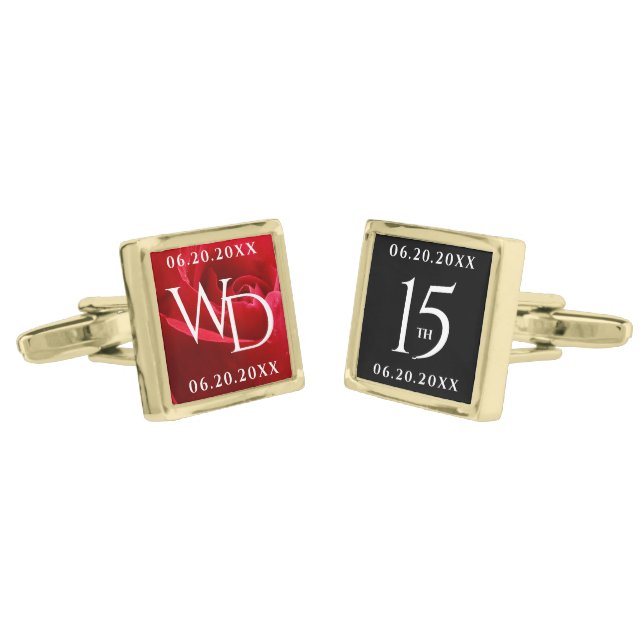 Elegant 15th Rose Wedding Anniversary Celebration Cufflinks (Angled)