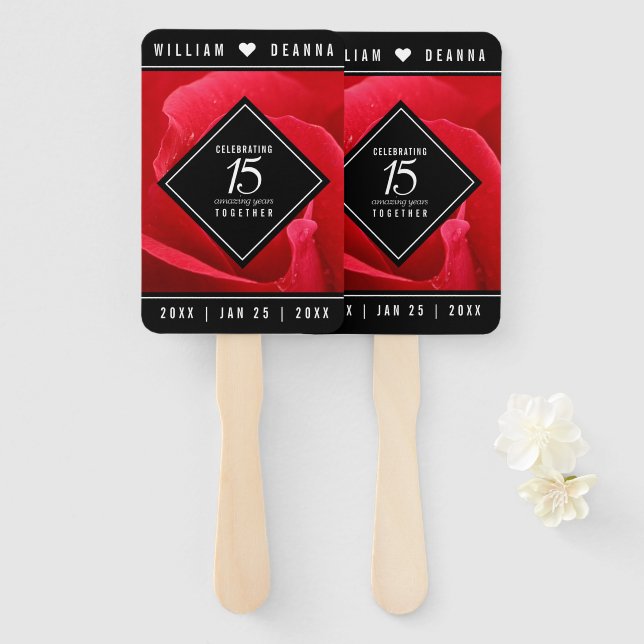 Elegant 15th Rose Wedding Anniversary Celebration Hand Fan (Front and Back)