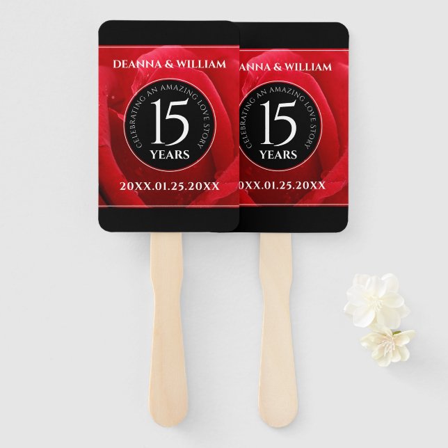 Elegant 15th Rose Wedding Anniversary Celebration Hand Fan (Front and Back)