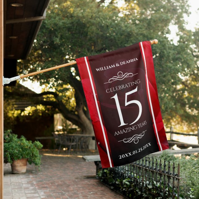 Elegant 15th Rose Wedding Anniversary Celebration House Flag (In SItu)