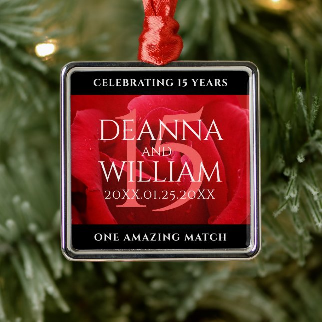 Elegant 15th Rose Wedding Anniversary Celebration Metal Ornament (Tree)