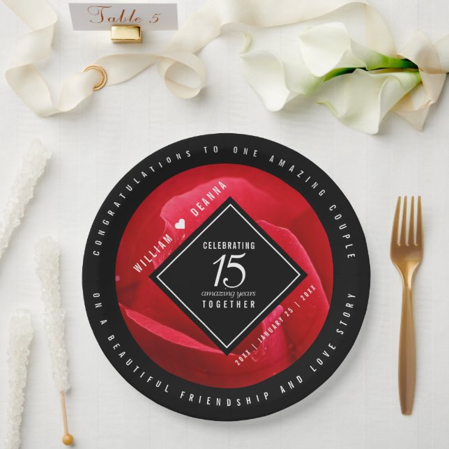 Elegant 15th Rose Wedding Anniversary Celebration Paper Plates (Wedding)
