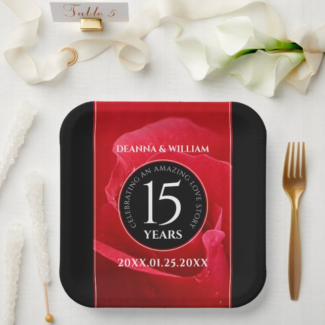 Elegant 15th Rose Wedding Anniversary Celebration Paper Plates (Wedding)
