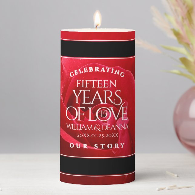 Elegant 15th Rose Wedding Anniversary Celebration Pillar Candle (In Situ)
