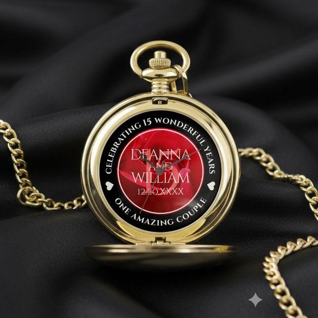 Elegant 15th Rose Wedding Anniversary Celebration Pocket Watch (Elegant 15th Rose Wedding Anniversary Pocket Watch Cover Photo)