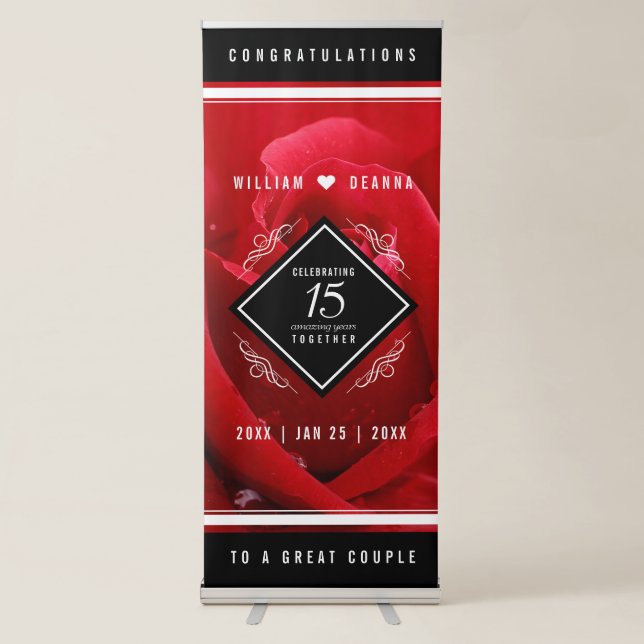 Elegant 15th Rose Wedding Anniversary Celebration Retractable Banner (Front)