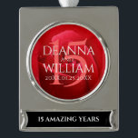 Elegant 15th Rose Wedding Anniversary Celebration Silver Plated Banner Ornament<br><div class="desc">Celebrate the 15th rose wedding anniversary with this commemorative banner ornament! Elegant white lettering on a romantic red rose background add a memorable touch for this special occasion and milestone. Personalize with couple's names,  dates of marriage,  and congratulatory message.

Design © W.H. Sim. See more at zazzle.com/expressionsoccasions</div>