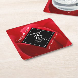Elegant 15th Rose Wedding Anniversary Celebration Square Paper Coaster