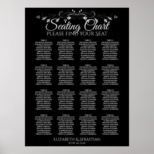 Elegant 16 Table Black Wedding Seating Chart