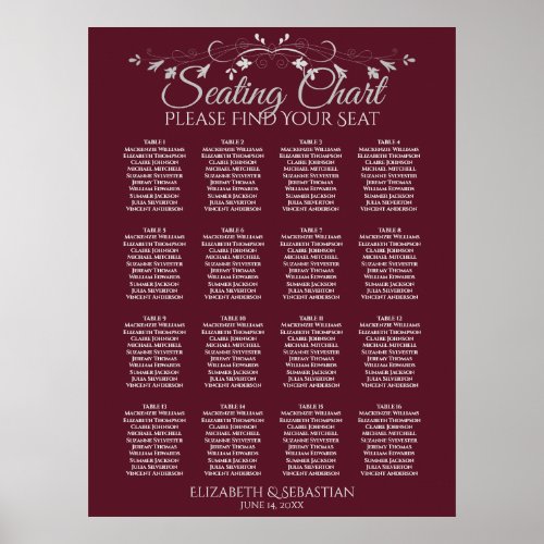 Elegant 16 Table Burgundy Wedding Seating Chart