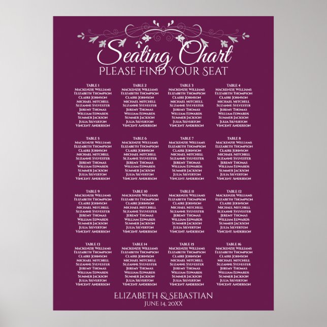 Elegant 16 Table Cassis Wedding Seating Chart (Front)