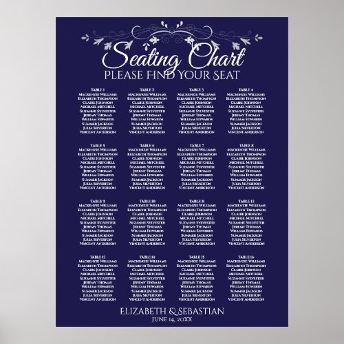 Elegant 16 Table Navy Blue Wedding Seating Chart