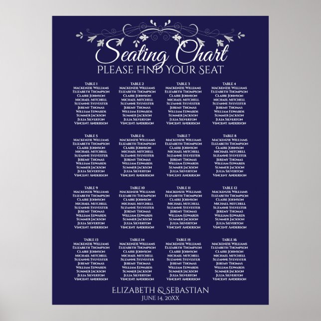 Elegant 16 Table Navy Blue Wedding Seating Chart (Front)
