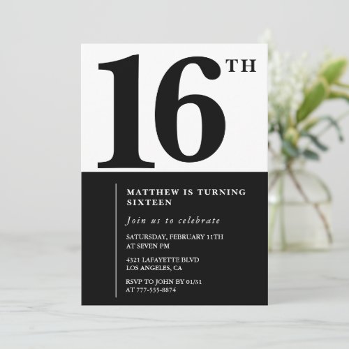 Elegant 16th birthday invitation Black Chic Modern