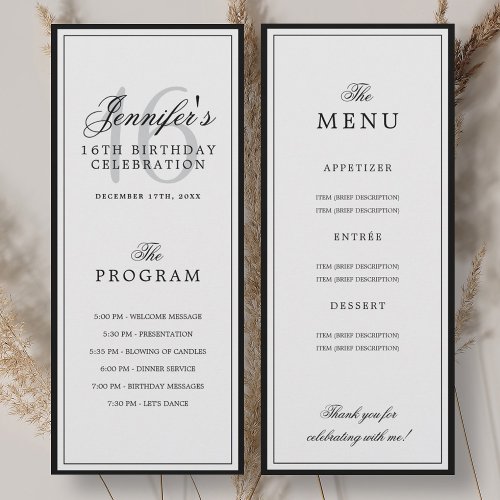 Elegant 16th Birthday Party Program + Menu 