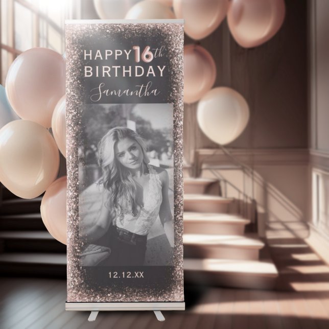 Elegant 16th Birthday Pink & Black Glitter  Retractable Banner (Creator Uploaded)