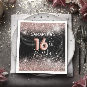 Elegant 16th Birthday Pink Glitter & Black Party Napkins