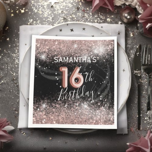 Elegant 16th Birthday Pink Glitter  Black Party Napkins