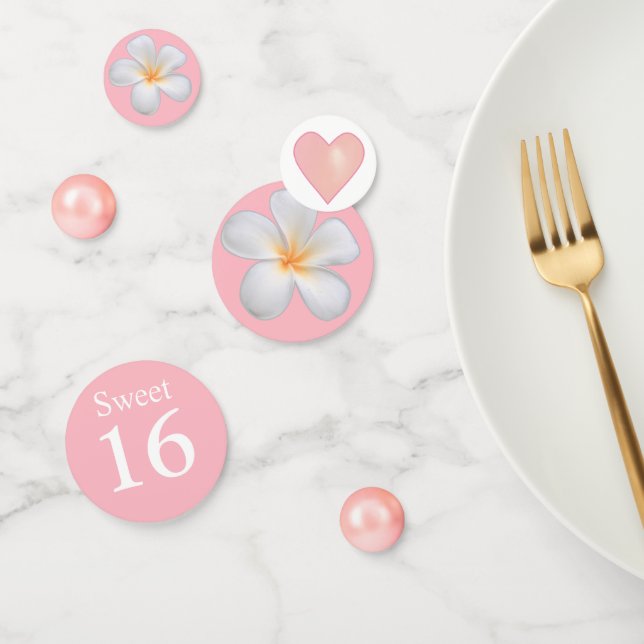 Elegant 16th Birthday & Plumeria Flowers on Pink Confetti (Group)