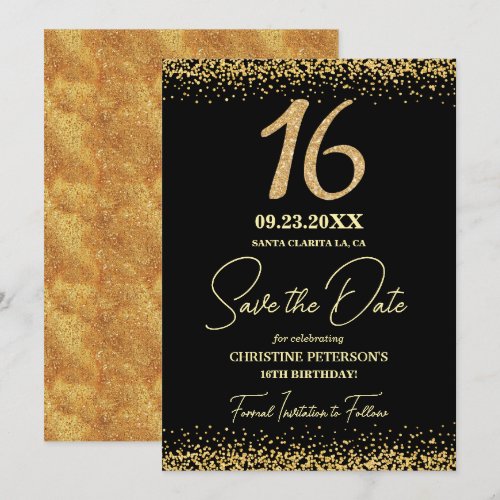 Elegant 16th Black Gold Glitter Birthday Save The Date
