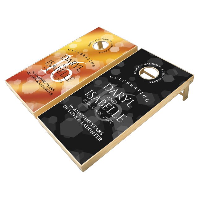 Elegant 16th Golden Topaz Wedding Anniversary Cornhole Set (Angled)