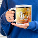 Elegant 16th Golden Topaz Wedding Anniversary Giant Coffee Mug<br><div class="desc">Celebrate the 16th golden topaz wedding anniversary with a couple of these stylish giant coffee mugs! Elegant lettering with hexagonal confetti on a deep yellow-red-orange moire background add a memorable touch for this special occasion and milestone. Personalize with the couple's names, dates of marriage and/or congratulatory messages. Reverse shows identical...</div>