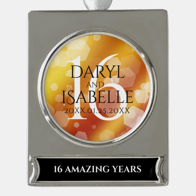 Elegant 16th Golden Topaz Wedding Anniversary Silver Plated Banner Ornament (Front)
