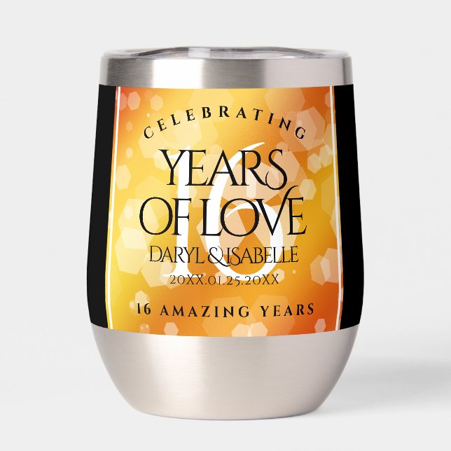 Elegant 16th Golden Topaz Wedding Anniversary Thermal Wine Tumbler (Back)