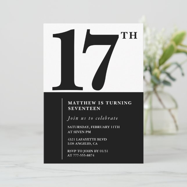 Elegant 17th birthday invitation Black Chic Modern (Standing Front)