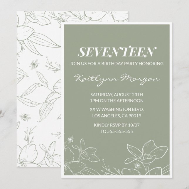 Elegant 17th birthday invitations Floral Green (Front/Back)
