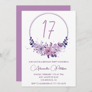 Elegant 17th birthday invitations Floral Purple