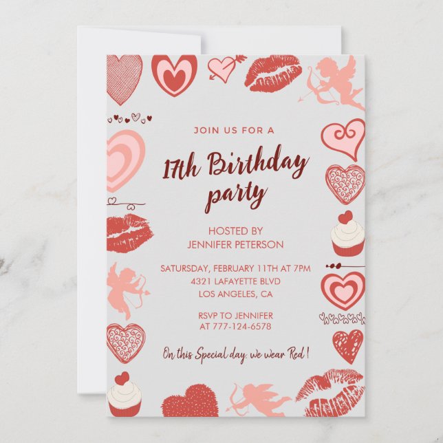 Elegant 17th birthday invitations Grey Red Hearts (Front)