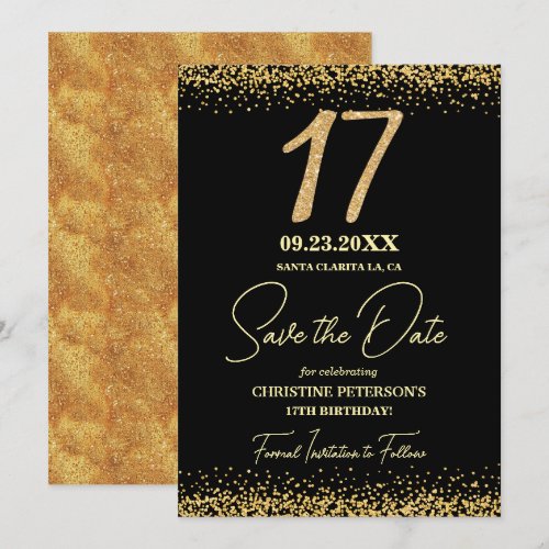 Elegant 17th Black Gold Glitter Birthday Save The Date