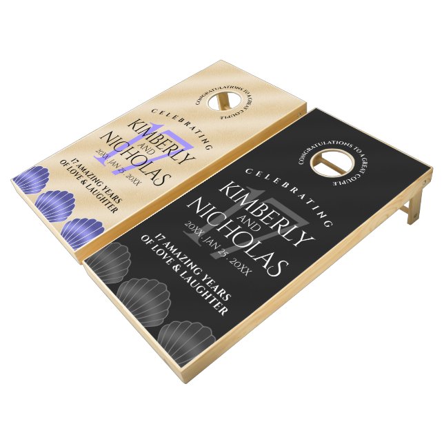 Elegant 17th Shells Wedding Anniversary Cornhole Set (Angled)