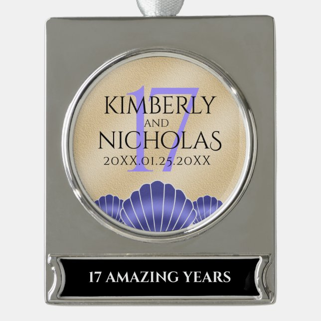 Elegant 17th Shells Wedding Anniversary Silver Plated Banner Ornament (Front)