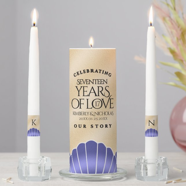 Elegant 17th Shells Wedding Anniversary Unity Candle Set (In Situ)